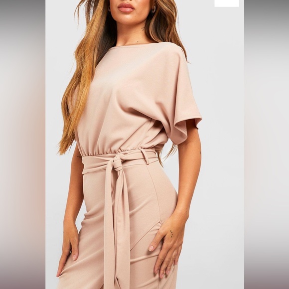 BOAT NECK TIE WAIST MIDI DRESS - Picture 1 of 5